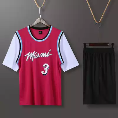 Fake two-piece Heat team city version Wade No 3 basketball suit Fake two-piece short-sleeved jersey vest men's loose outer wear