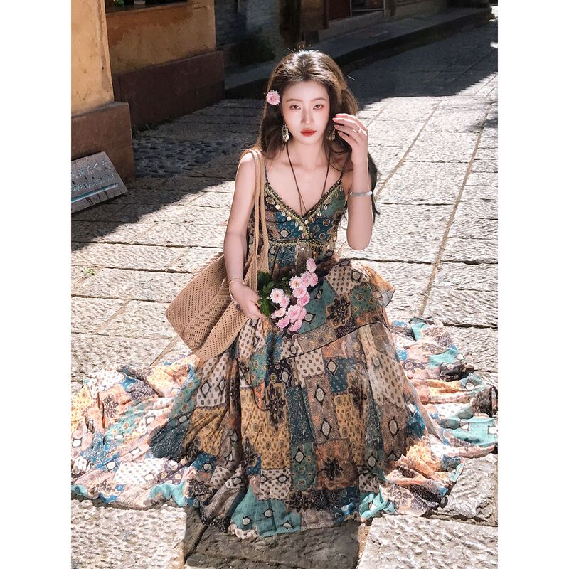 French Retro Bohemian Holiday Suspender Dress for Women 2026 New Ethnic Style Floral Chiffon Long Skirt Summer French Retro Bohemian Holiday Suspender Dress for Women 2026 New Ethnic Style Floral Chiffon Long Skirt Summer