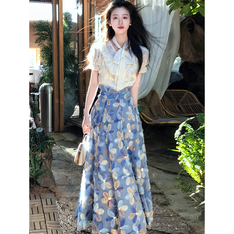 French-Style Elegant White Lace-Up Shirt + Blue Floral Skirt Women's Summer Slimming Two-Piece Suit Set