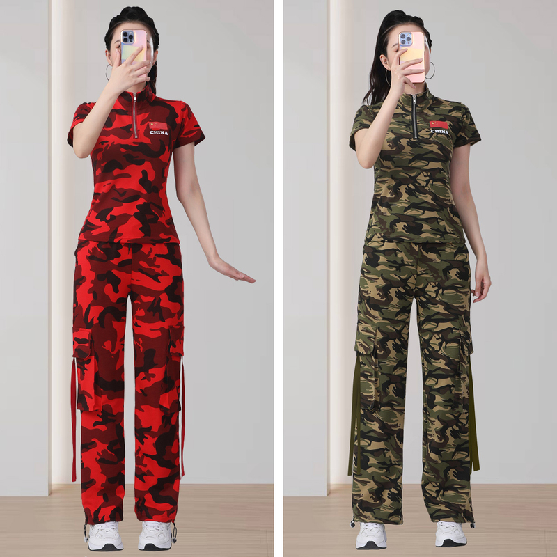 Camouflage Sports Suit for Women 2025 Summer New Style Square Dance Clothing Fitness Dance Outfit Camouflage Fashion Cargo Pants