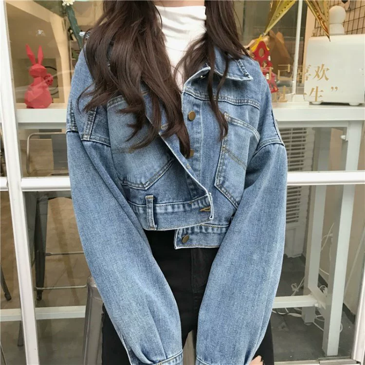 Weird girl short short denim jacket nữ mùa xuân và mùa thu Phiên bản Hàn Quốc của sinh viên lỏng lẻo Harajuku bf hoang dã áo khoác denim áo khoác thủy triều