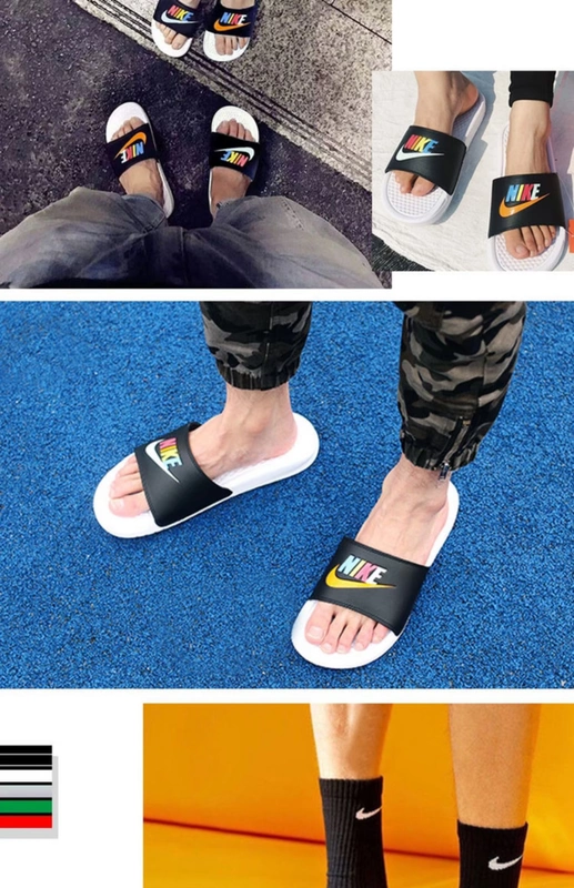 Nike BENASSI JDI nam và nữ chữ đen trắng logo lớn logo dép thể thao 343880-090-100 - Dép thể thao