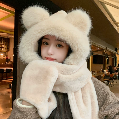 Демисезонная милая шапка, бархатный утепленный шарф, перчатки с капюшоном, комплект, с медвежатами, плюшевая, 3 предмета