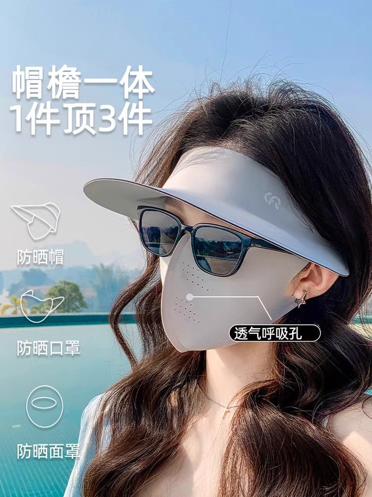 Full Face Sun Protection Mask Hat with Integrated Neck Protection, Uv Protection Mask for Women, Sunshade, Face Cover, Ice Silk Facekini