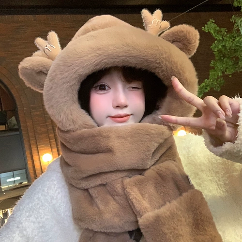 Шапка, удерживающий тепло милый шарф, бархатный комплект, зимние бархатные перчатки, с медвежатами, плюшевая, 3 предмета