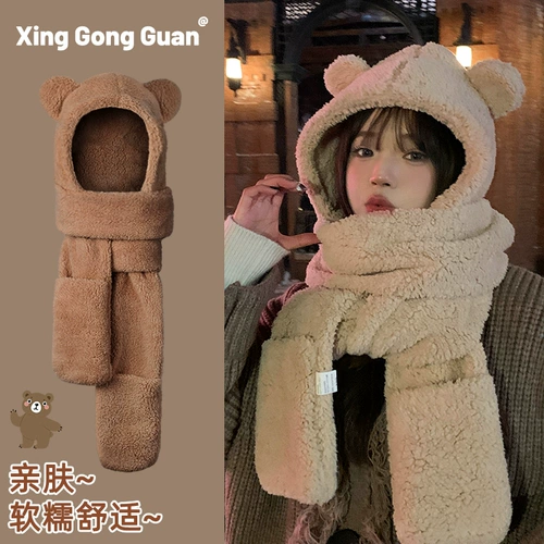 Зимняя милая шапка, зимний бархатный шарф, перчатки, ветрозащитный удерживающий тепло комплект с капюшоном, с медвежатами, 3 предмета