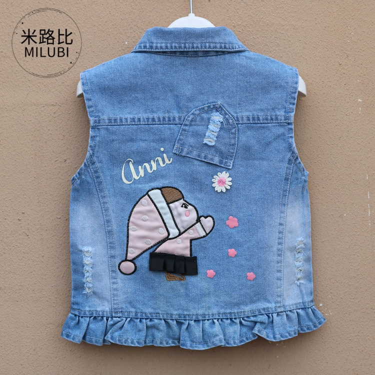 . Cô gái denim vest mùa xuân và mùa thu vest công chúa vest denim mềm mại lớn bé trai cô gái áo khoác vest nữ mùa xuân - Áo ghi lê