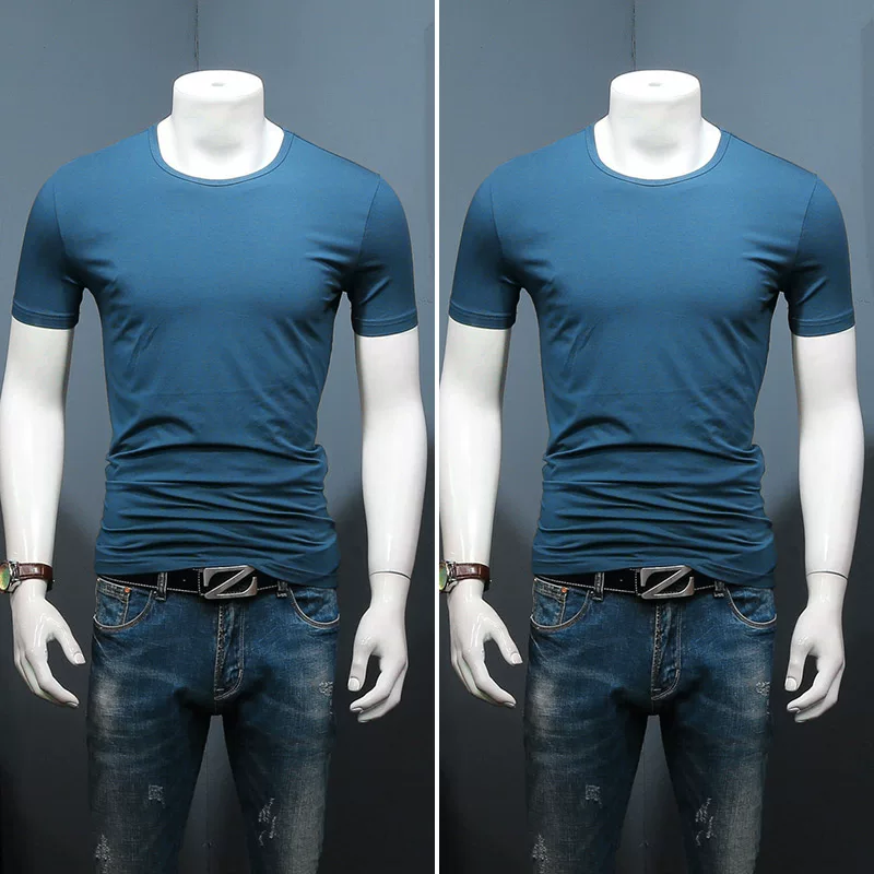 Летняя черная трендовая футболка с коротким рукавом и круглым вырезом, slim fit