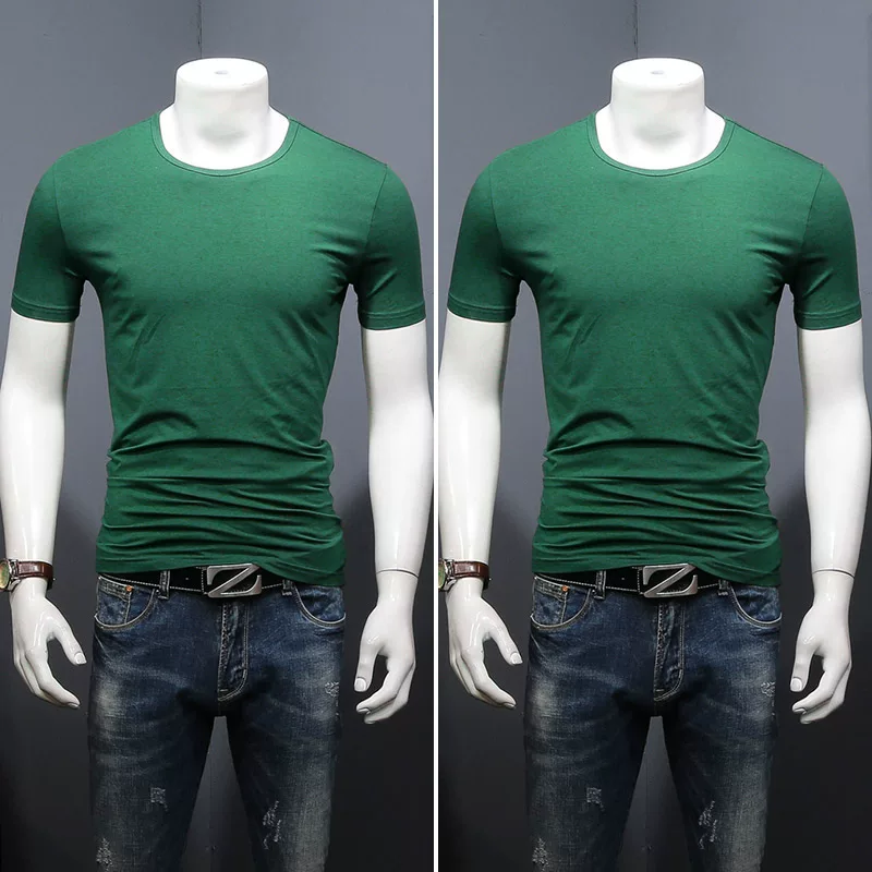Летняя черная трендовая футболка с коротким рукавом и круглым вырезом, slim fit