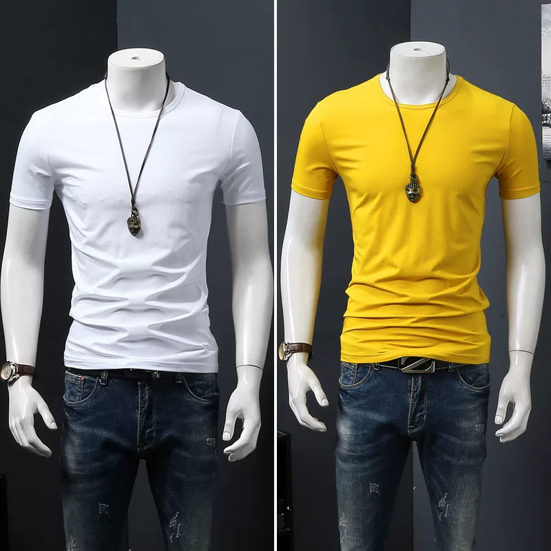 Летняя черная трендовая футболка с коротким рукавом и круглым вырезом, slim fit