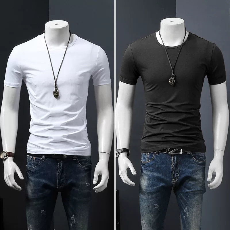Летняя черная трендовая футболка с коротким рукавом и круглым вырезом, slim fit