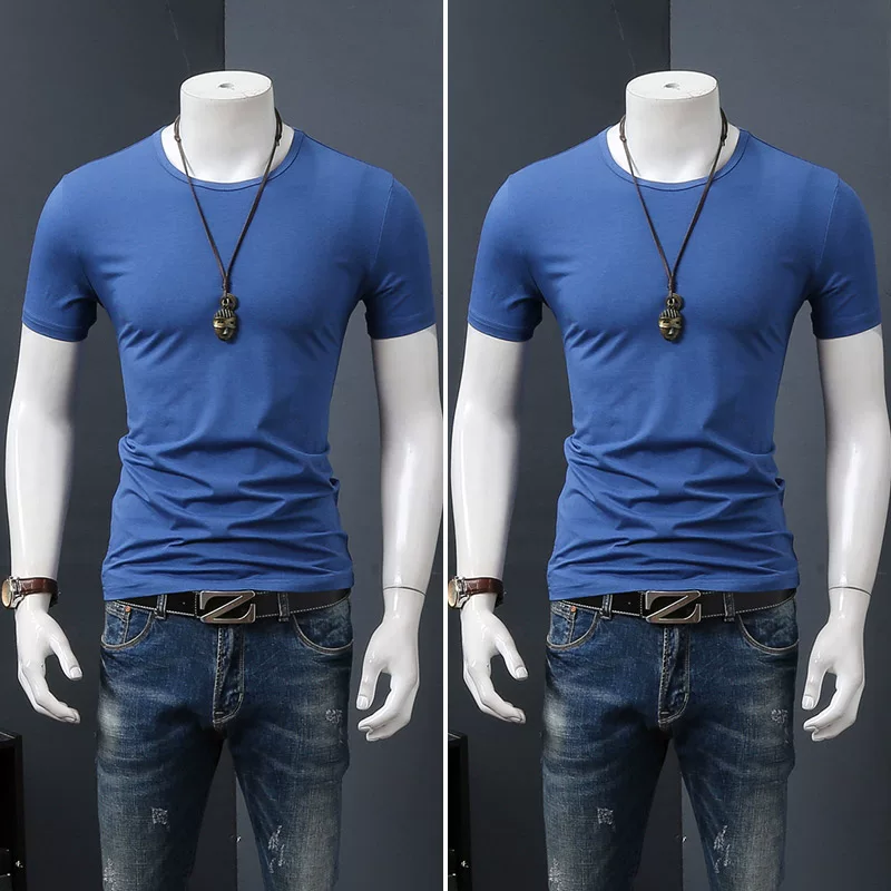 Летняя черная трендовая футболка с коротким рукавом и круглым вырезом, slim fit