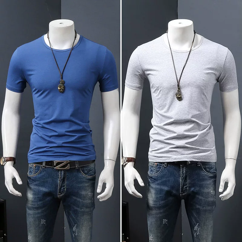 Летняя черная трендовая футболка с коротким рукавом и круглым вырезом, slim fit