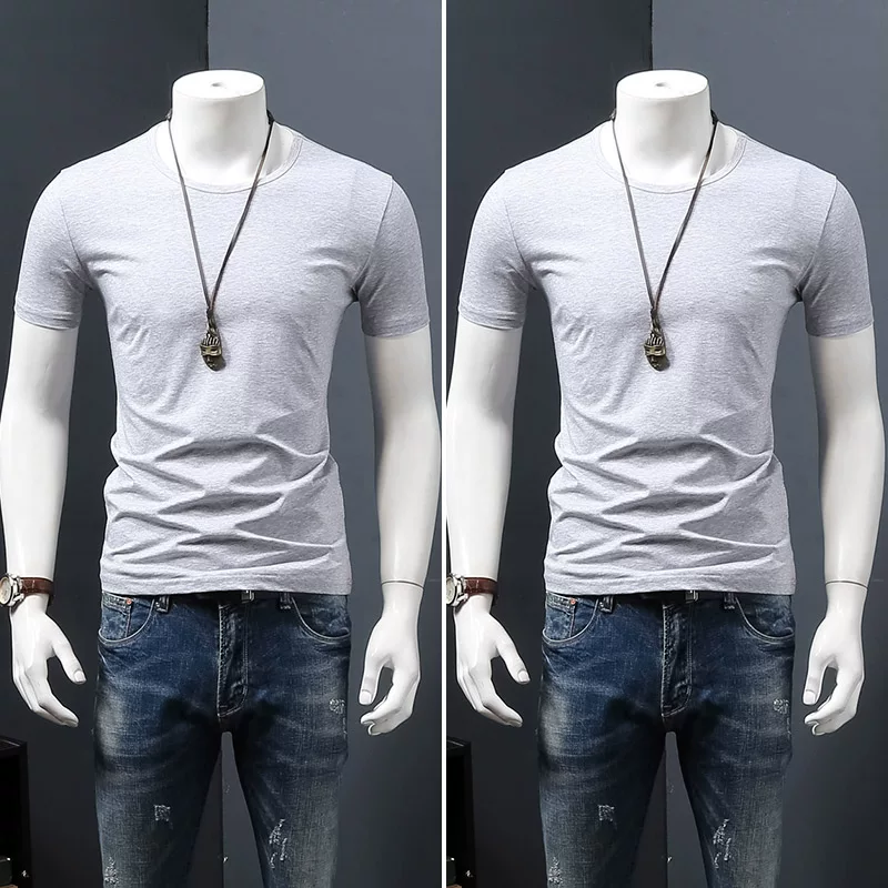 Летняя черная трендовая футболка с коротким рукавом и круглым вырезом, slim fit