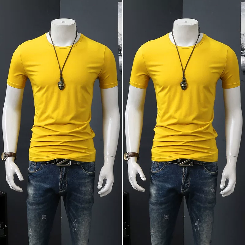 Летняя черная трендовая футболка с коротким рукавом и круглым вырезом, slim fit