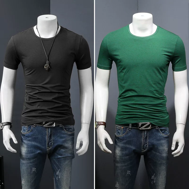 Летняя черная трендовая футболка с коротким рукавом и круглым вырезом, slim fit