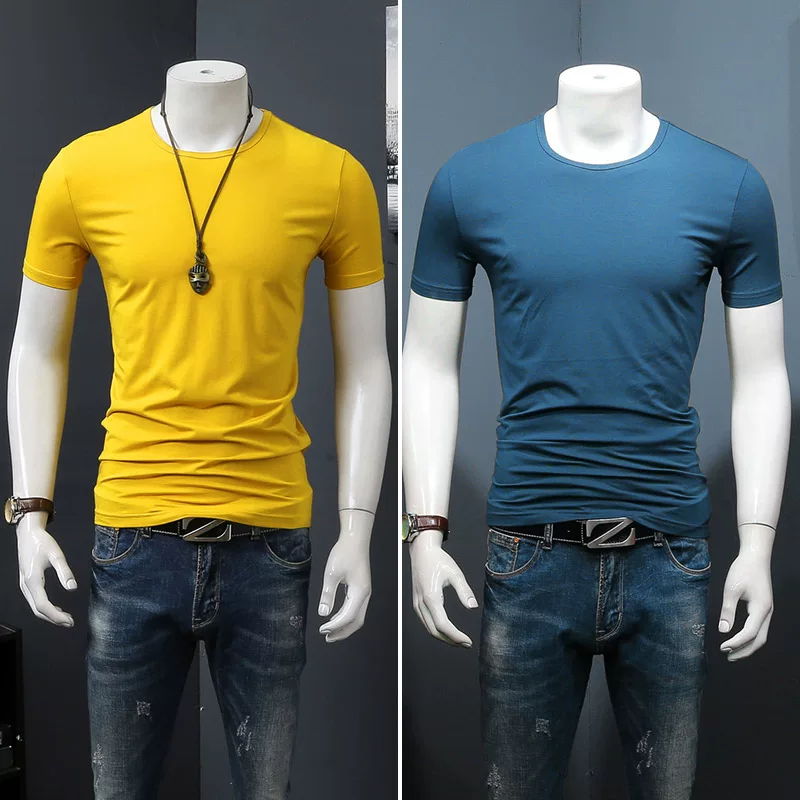 Летняя черная трендовая футболка с коротким рукавом и круглым вырезом, slim fit