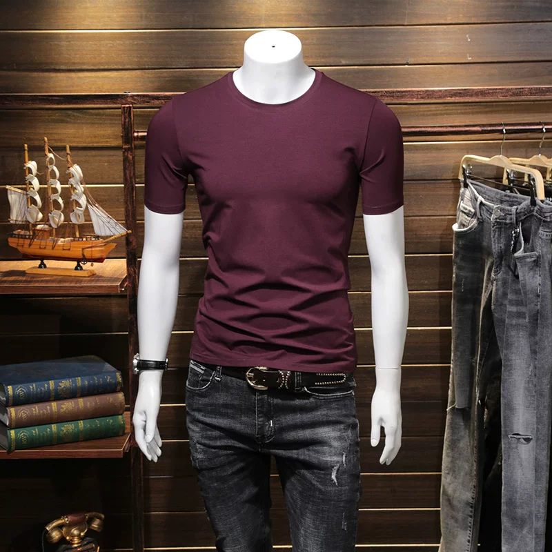 Летняя черная трендовая футболка с коротким рукавом и круглым вырезом, slim fit