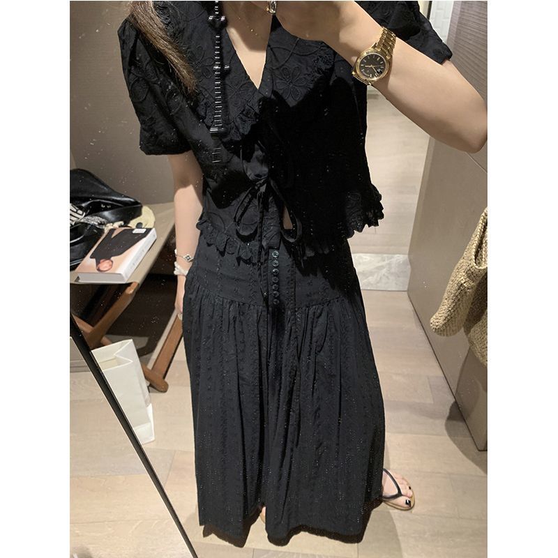 Tops and Skirts, Two Pieces of High-End Collared Babydoll Shirts, Women's Shirts, French Lace Embroidery, Puff Sleeves, Age-Reducing