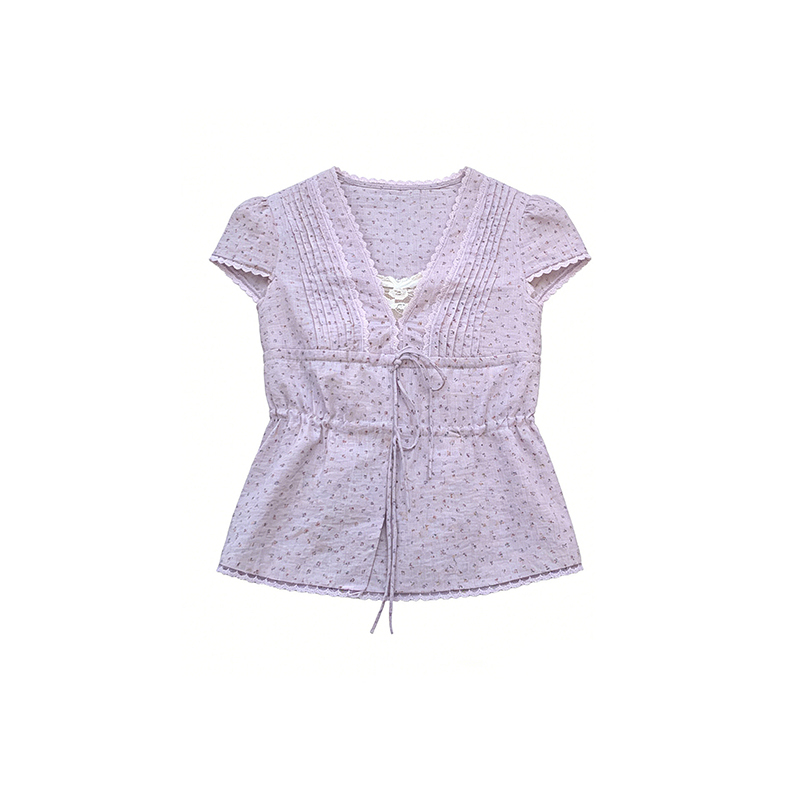 Korean-Style Floral Short-Sleeved Shirt for Women, Early Summer Wear, Lace-Up V-Neck Shirt, Slim-Fitting Purple Top