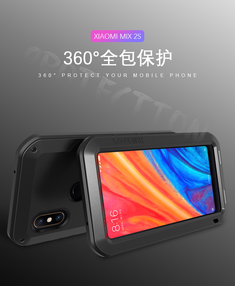 LOVE MEI Powerful Water Resistant Shockproof Dust/Dirt/Snow Proof Aluminum Metal Outdoor Gorilla Glass Heavy Duty Case Cover for Xiaomi Mi MIX 2s