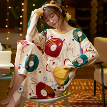 Sweet girl pajamas pure cotton long-sleeved thin cute night dress Womens spring and autumn long over-the-knee home clothes