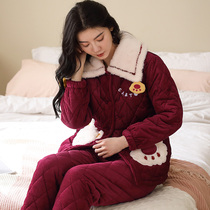 Coral velvet pajamas womens autumn and winter thickened three-layer cotton winter New outer wear plus velvet super thick home clothing set