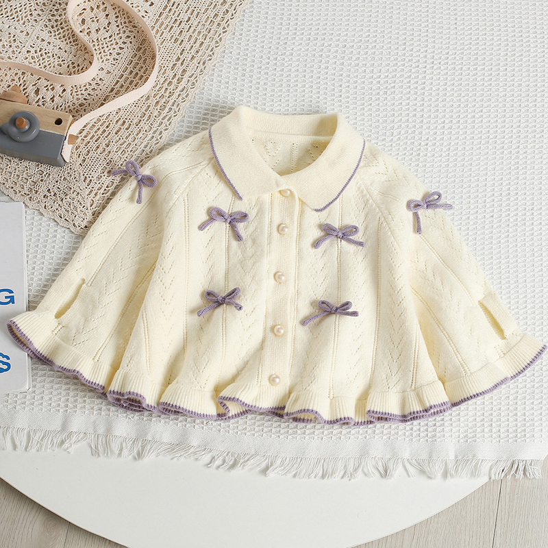 Baby Cape Cape White Girls Sweater Autumn and Winter Knitted Top Bow Lapel Shawl Children Spring & Fall Style