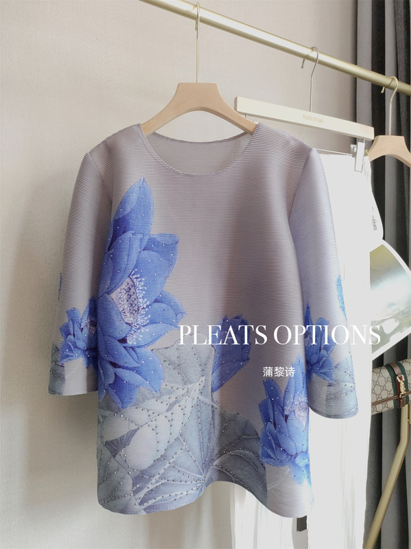 Chinese Style Pleated Mother's Day Summer New Elegant Gray Exquisite Totem Fusion Print Rhinestone Top T-Shirt