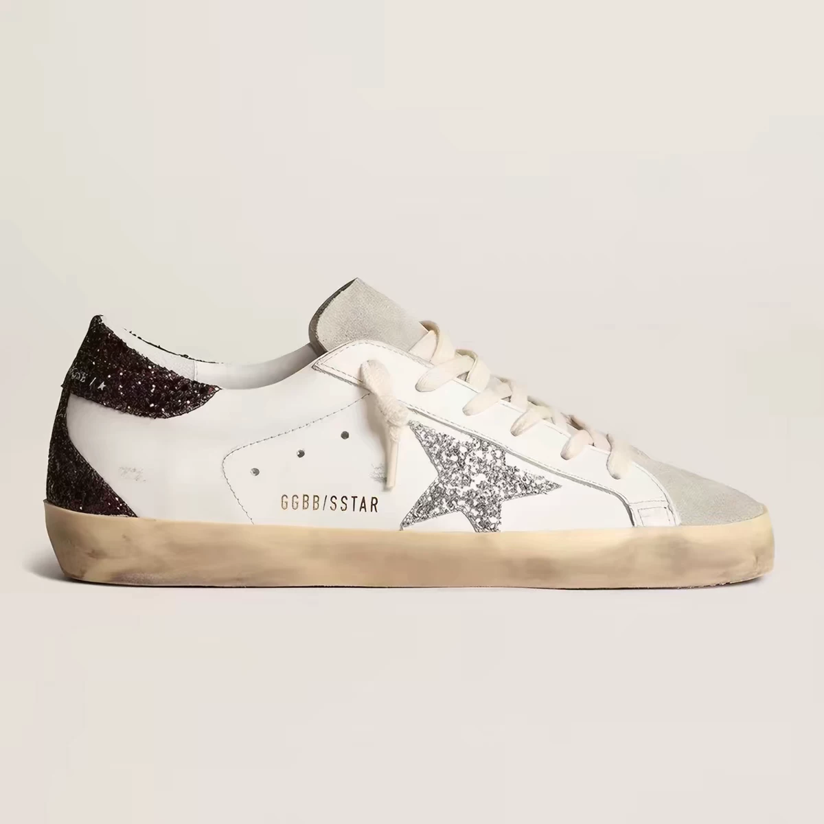 Old dirty shoes female star Korean round toe inner heighten cowhide brown tail silver star sequin dirty shoes sneakers