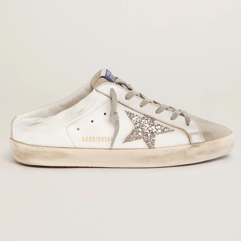 Distressed Vintage-Style Women's Korean Round-Toe Slip-On Sneakers with Hidden Height Increase, Genuine Leather, Sequins, and Star Details