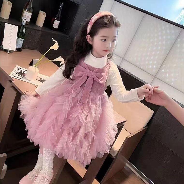 2026 Elegant Dress Autumn New Style Princess Dress Little Girl Fake Two-Piece Dress Girls' Tutu Dress Mesh Dress