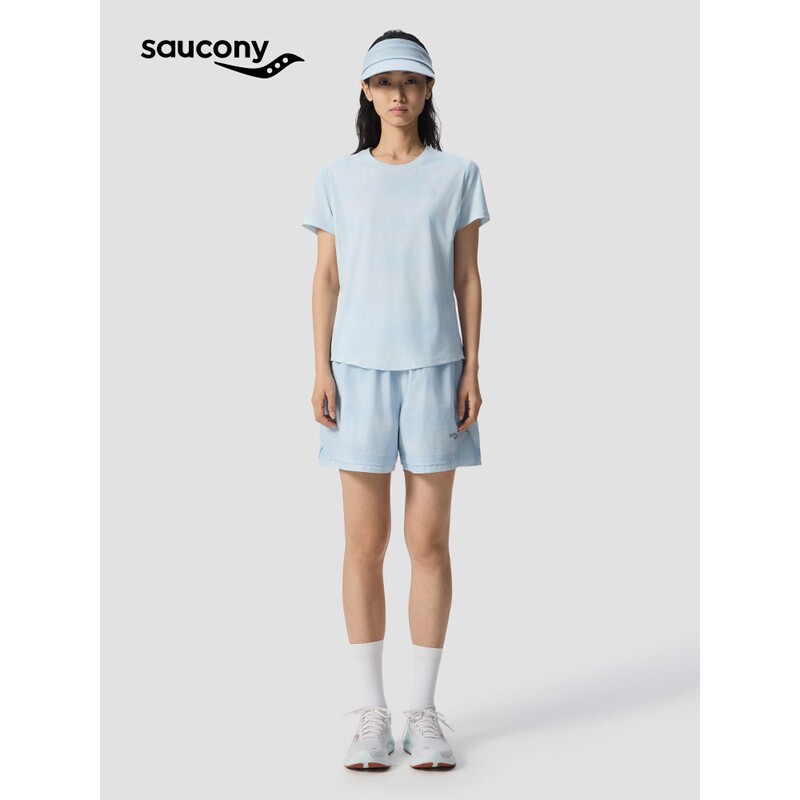 Saucony Women's Blue and White Tie-Dye Classic Slim-Fit Sports Casual Style Short-Sleeved Knit Shirt