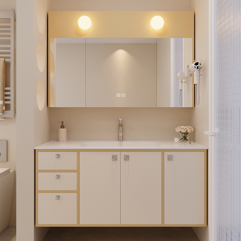 Modern Minimalist Bathroom Cabinet with a Vintage-Style Dual-Color Washbasin, Bathroom Vanity with a Hot-Bent Integrated Basin
