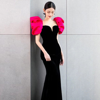 Black mermaid evening dress high-end velvet temperament annual meeting host solo performance clothing puff sleeve toast clothing long section