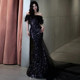 Black high-end evening dress 2022 new annual meeting host one-shoulder sequined fishtail piano performance long dress