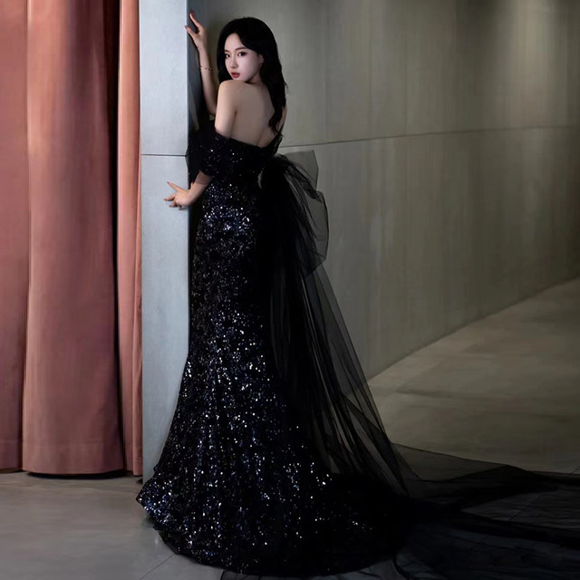 Black high-end evening dress 2022 new annual meeting host one-shoulder sequined fishtail piano performance long dress