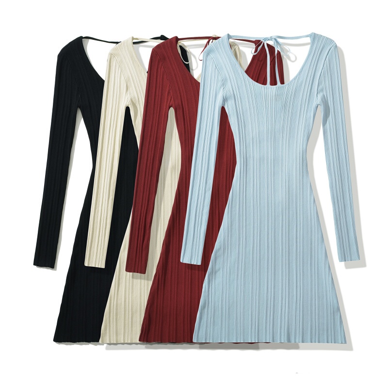Round Neck Backless Tie-Up Knit Dress for Women, Vertical Ribbed Slim-Fit Long-Sleeve A-Line Short Mini Dress Round Neck Backless Tie-Up Knit Dress for Women, Vertical Ribbed Slim-Fit Long-Sleeve A-Line Short Mini Dress
