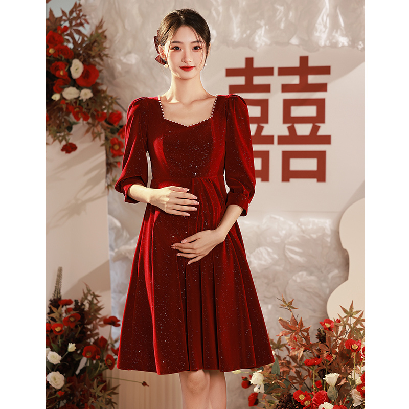 Maternity Formal Dress, Bride's Engagement Dress, Long-Sleeved Red Wedding Dress, Mid-Length Plus Size for Chubby Women, Homecoming Dress