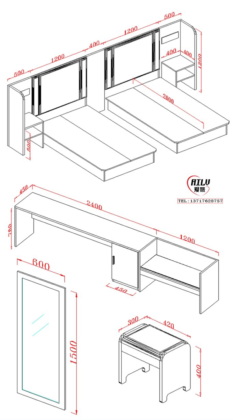 Custom Express Khách sạn Cho thuê phòng Căn hộ Căn hộ Tiêu chuẩn Phòng đầy đủ Nội thất Khung giường Bàn máy tính