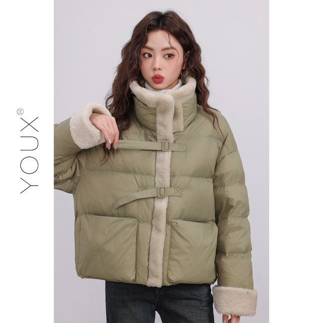 YOUX Plus Velvet Green Down Jacket ຜູ້ຍິງລະດູໜາວ 2023 ເສື້ອຢືດ Retro Stand Collar ໃໝ່ທີ່ອົບອຸ່ນ