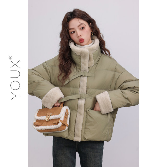 YOUX Plus Velvet Green Down Jacket ຜູ້ຍິງລະດູໜາວ 2023 ເສື້ອຢືດ Retro Stand Collar ໃໝ່ທີ່ອົບອຸ່ນ