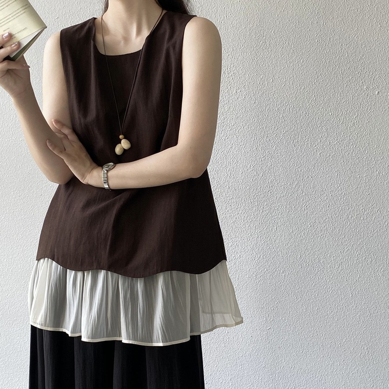 Korean Style Fake Two-Piece Sleeveless Shirt for Women 2026 Summer New Versatile Fashion Loose Slimming Mesh Patchwork Top Korean Style Fake Two-Piece Sleeveless Shirt for Women 2026 Summer New Versatile Fashion Loose Slimming Mesh Patchwork Top