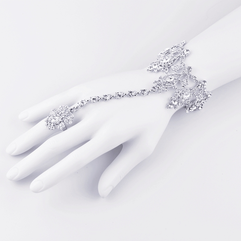 Korean-Style Bridal Rhinestone Alloy Bracelet with Ring Integrated Wedding Dress Hand Chain Stage Jewelry Ring Chain