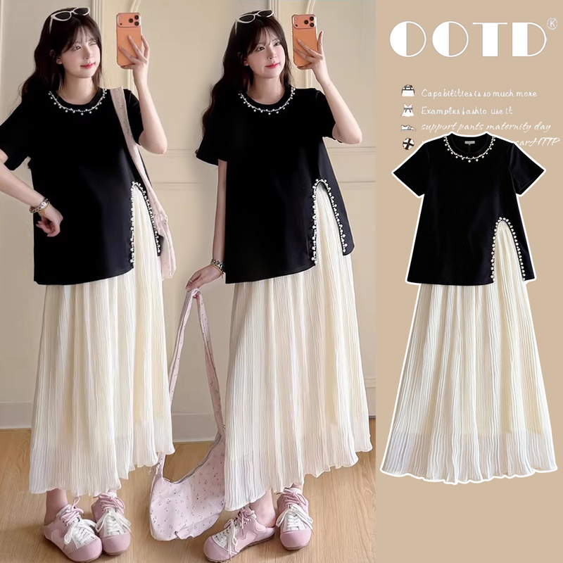 High-End Stylish Maternity Wear for Summer, New T-Shirt + Skirt Set, French-Style Outfit for Pregnant Mothers