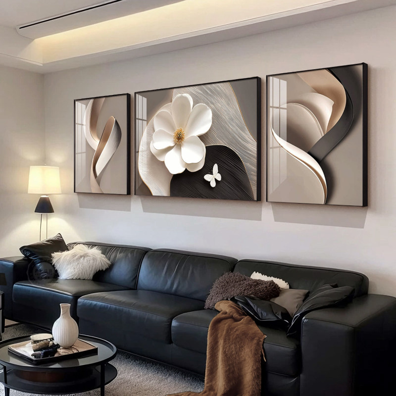 Modern Light Luxury Living Room Decorative Painting, Black and White Gray Minimalist Sofa Background Wall Hanging Painting, High-End Floral Triptych Wall Art Modern Light Luxury Living Room Decorative Painting, Black and White Gray Minimalist Sofa Background Wall Hanging Painting, High-End Floral Triptych Wall Art