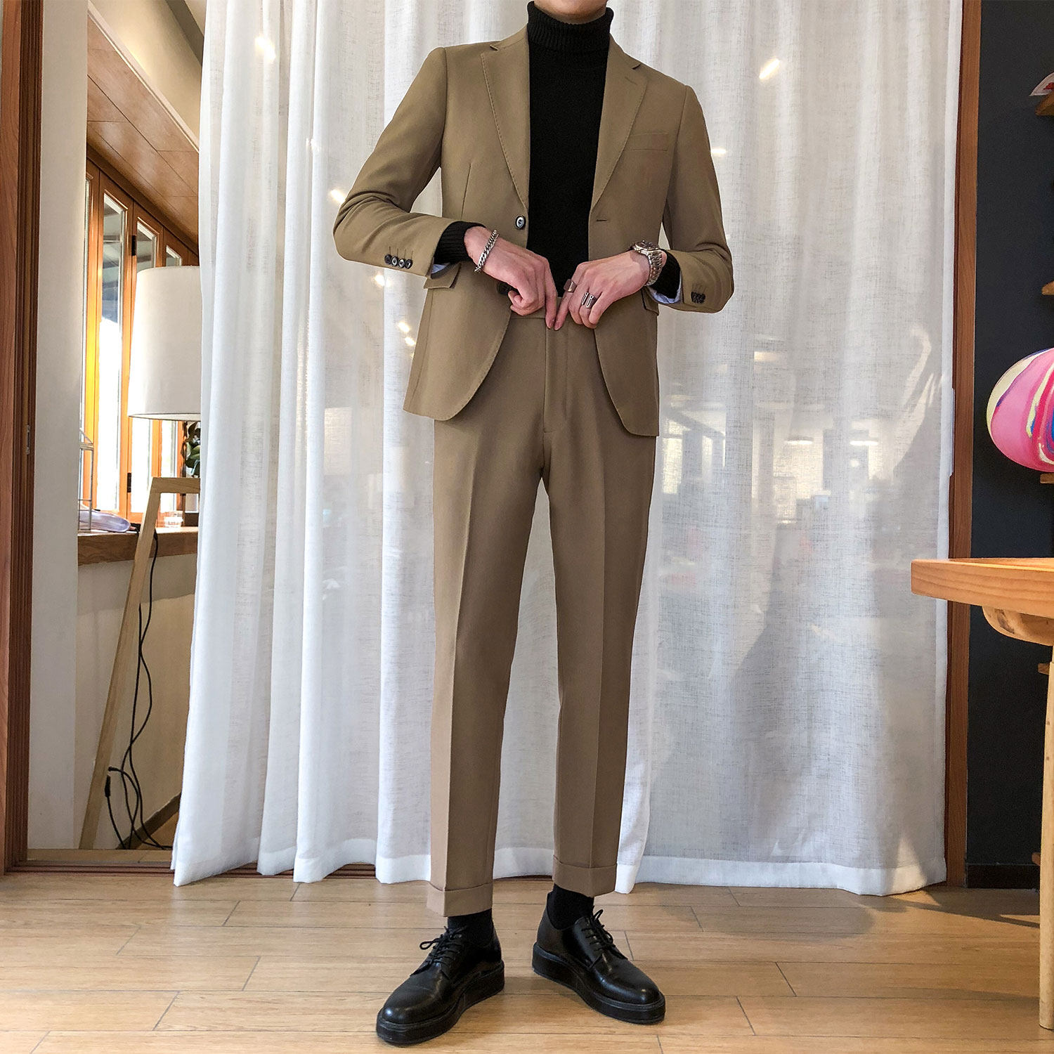 South Korea's Dong Dengmen Western-style suit men's spring new self-fit Korean version Inron casual single row buttoned suit Two sets