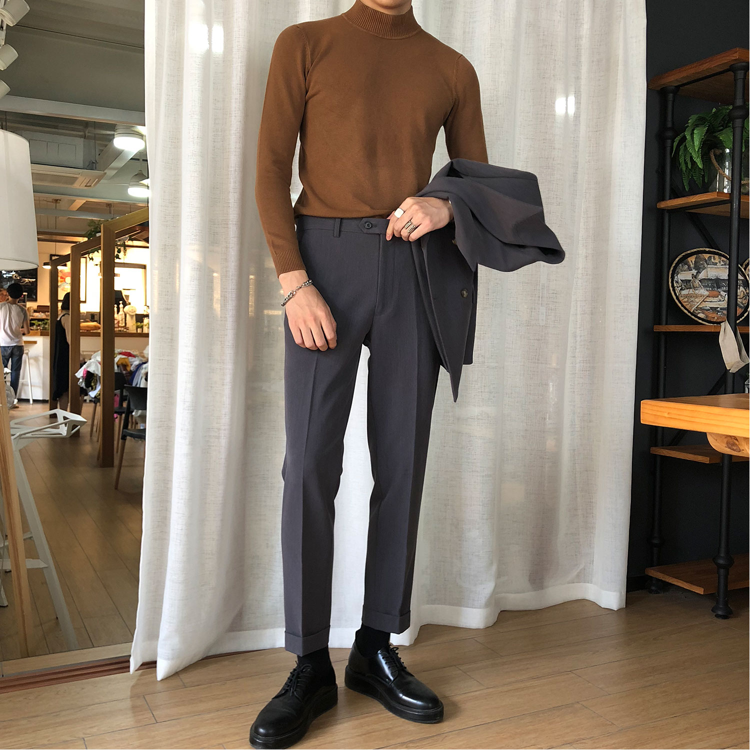 Autumn micro-elastic trousers men's British retro casual suit pants Korean slim straight hemmed trousers free ironing tide