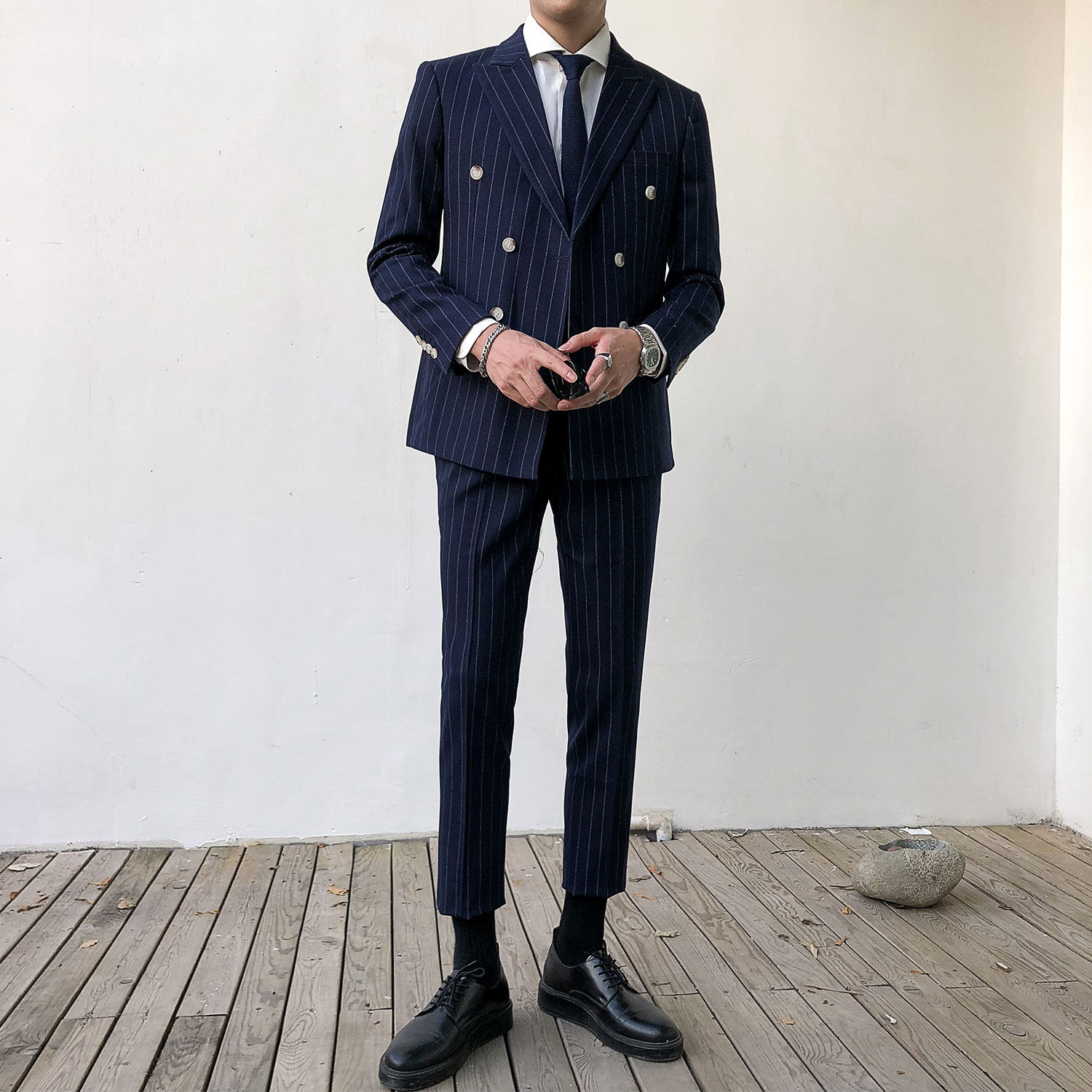 Dongdaemun new striped suit suit male slim double-breasted Korean version suit two-piece groom wedding dress