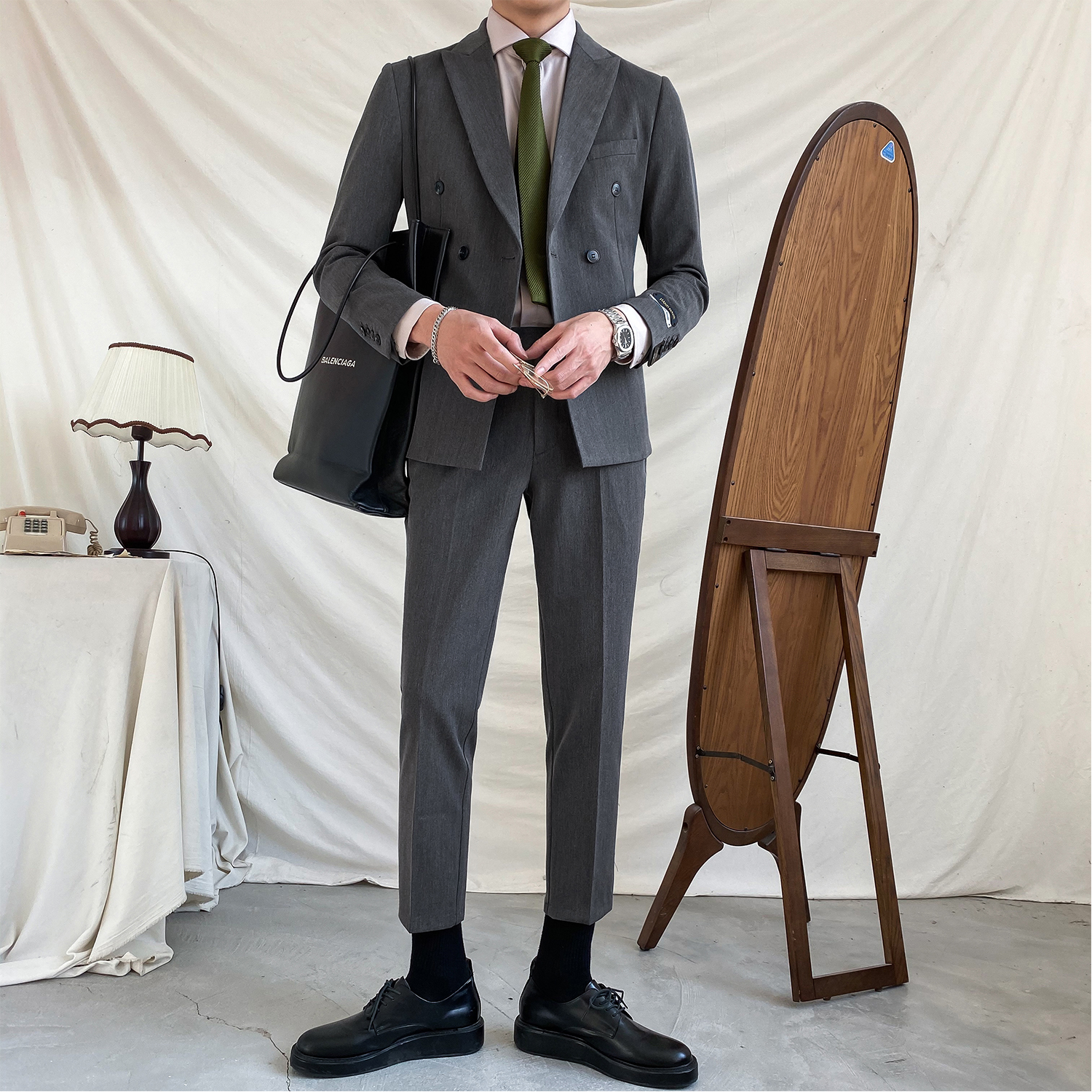 Business casual blazer two-piece men's Korean slim double-breasted British suit suit Wedding groom